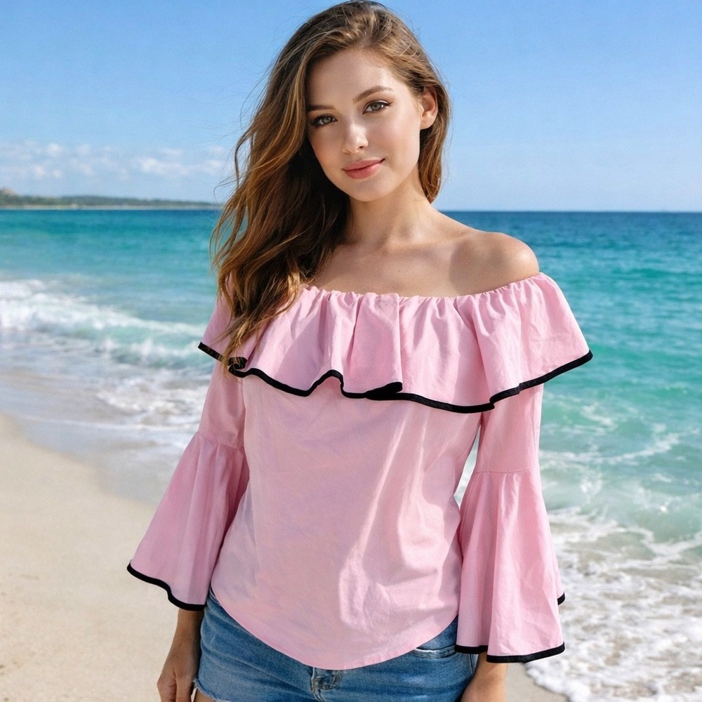 Zara Basic Pink Off The Shoulder Ruffle Bell Sleeve Top Black Trim Size‎ Small